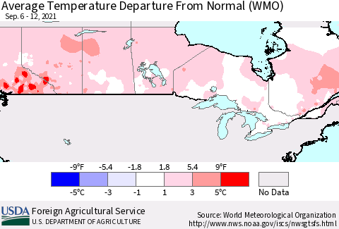 Canada Average Temperature Departure from Normal (WMO) Thematic Map For 9/6/2021 - 9/12/2021