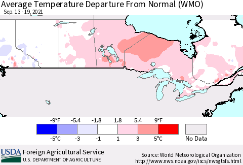 Canada Average Temperature Departure from Normal (WMO) Thematic Map For 9/13/2021 - 9/19/2021