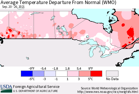 Canada Average Temperature Departure from Normal (WMO) Thematic Map For 9/20/2021 - 9/26/2021