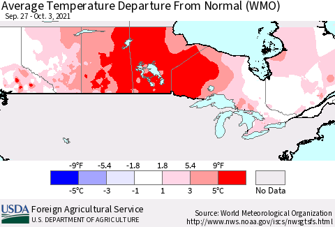 Canada Average Temperature Departure from Normal (WMO) Thematic Map For 9/27/2021 - 10/3/2021
