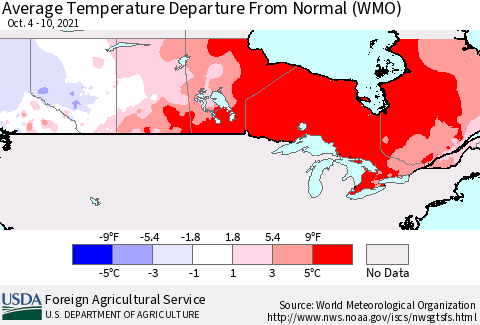 Canada Average Temperature Departure from Normal (WMO) Thematic Map For 10/4/2021 - 10/10/2021