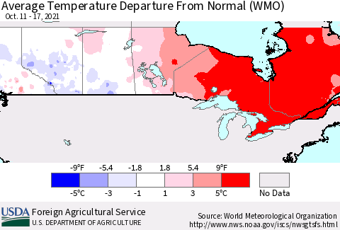 Canada Average Temperature Departure from Normal (WMO) Thematic Map For 10/11/2021 - 10/17/2021