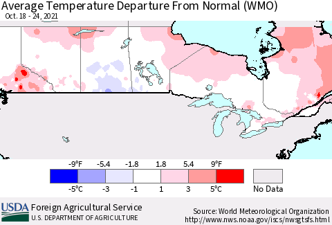 Canada Average Temperature Departure from Normal (WMO) Thematic Map For 10/18/2021 - 10/24/2021