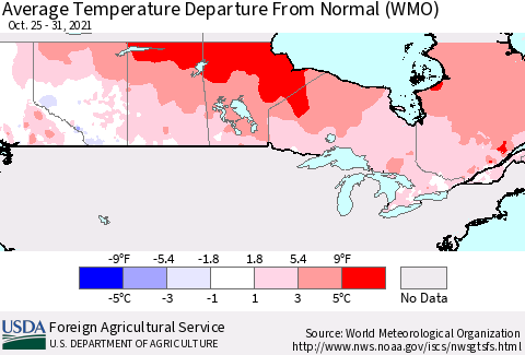 Canada Average Temperature Departure from Normal (WMO) Thematic Map For 10/25/2021 - 10/31/2021