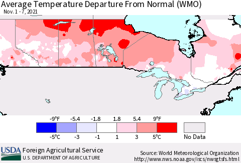 Canada Average Temperature Departure from Normal (WMO) Thematic Map For 11/1/2021 - 11/7/2021