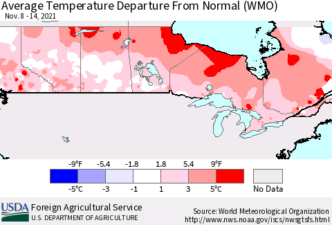 Canada Average Temperature Departure from Normal (WMO) Thematic Map For 11/8/2021 - 11/14/2021
