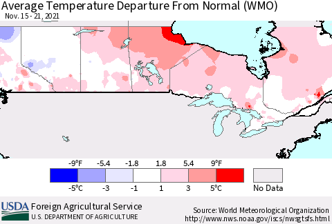 Canada Average Temperature Departure from Normal (WMO) Thematic Map For 11/15/2021 - 11/21/2021