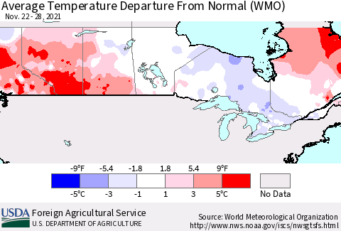 Canada Average Temperature Departure from Normal (WMO) Thematic Map For 11/22/2021 - 11/28/2021