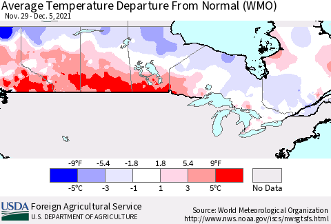 Canada Average Temperature Departure from Normal (WMO) Thematic Map For 11/29/2021 - 12/5/2021