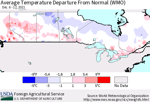 Canada Average Temperature Departure from Normal (WMO) Thematic Map For 12/6/2021 - 12/12/2021