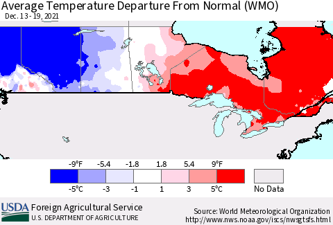 Canada Average Temperature Departure from Normal (WMO) Thematic Map For 12/13/2021 - 12/19/2021