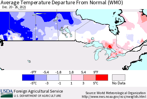 Canada Average Temperature Departure from Normal (WMO) Thematic Map For 12/20/2021 - 12/26/2021