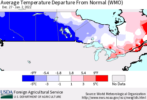 Canada Average Temperature Departure from Normal (WMO) Thematic Map For 12/27/2021 - 1/2/2022
