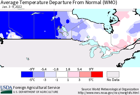 Canada Average Temperature Departure from Normal (WMO) Thematic Map For 1/3/2022 - 1/9/2022