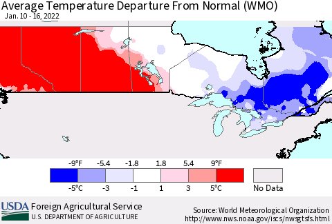 Canada Average Temperature Departure from Normal (WMO) Thematic Map For 1/10/2022 - 1/16/2022