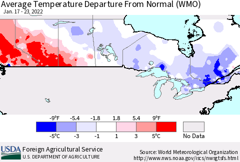 Canada Average Temperature Departure from Normal (WMO) Thematic Map For 1/17/2022 - 1/23/2022