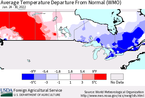 Canada Average Temperature Departure from Normal (WMO) Thematic Map For 1/24/2022 - 1/30/2022