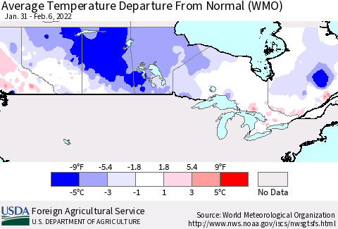 Canada Average Temperature Departure from Normal (WMO) Thematic Map For 1/31/2022 - 2/6/2022