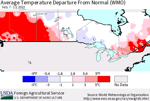 Canada Average Temperature Departure from Normal (WMO) Thematic Map For 2/7/2022 - 2/13/2022