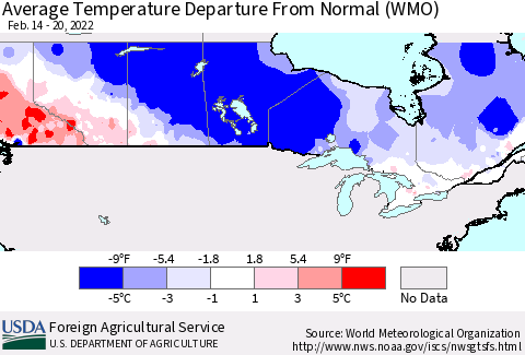 Canada Average Temperature Departure from Normal (WMO) Thematic Map For 2/14/2022 - 2/20/2022