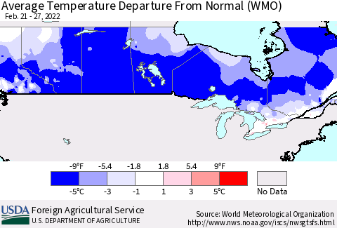 Canada Average Temperature Departure from Normal (WMO) Thematic Map For 2/21/2022 - 2/27/2022