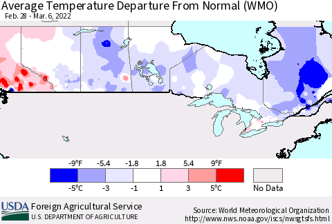 Canada Average Temperature Departure from Normal (WMO) Thematic Map For 2/28/2022 - 3/6/2022