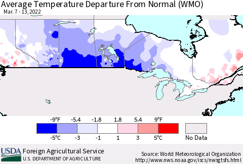 Canada Average Temperature Departure from Normal (WMO) Thematic Map For 3/7/2022 - 3/13/2022