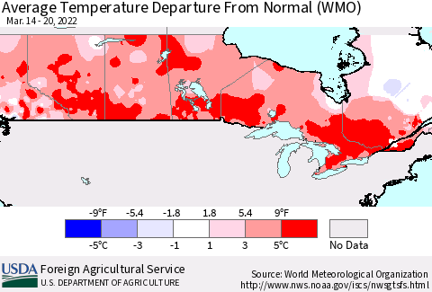 Canada Average Temperature Departure from Normal (WMO) Thematic Map For 3/14/2022 - 3/20/2022