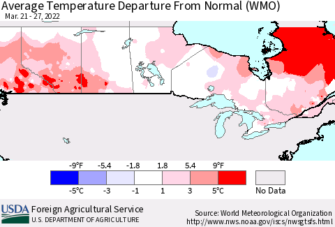 Canada Average Temperature Departure from Normal (WMO) Thematic Map For 3/21/2022 - 3/27/2022