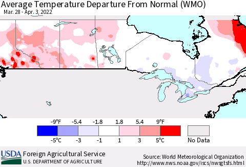 Canada Average Temperature Departure from Normal (WMO) Thematic Map For 3/28/2022 - 4/3/2022