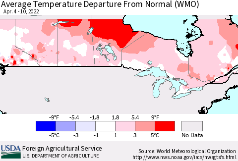 Canada Average Temperature Departure from Normal (WMO) Thematic Map For 4/4/2022 - 4/10/2022
