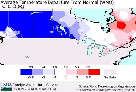 Canada Average Temperature Departure from Normal (WMO) Thematic Map For 4/11/2022 - 4/17/2022