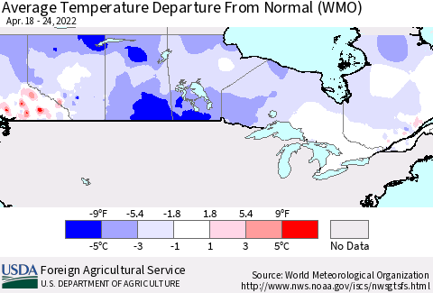 Canada Average Temperature Departure from Normal (WMO) Thematic Map For 4/18/2022 - 4/24/2022