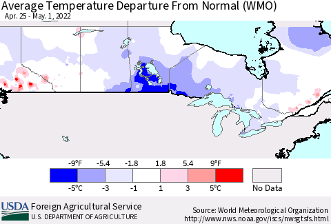 Canada Average Temperature Departure from Normal (WMO) Thematic Map For 4/25/2022 - 5/1/2022