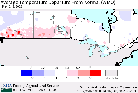 Canada Average Temperature Departure from Normal (WMO) Thematic Map For 5/2/2022 - 5/8/2022