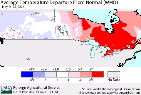 Canada Average Temperature Departure from Normal (WMO) Thematic Map For 5/9/2022 - 5/15/2022