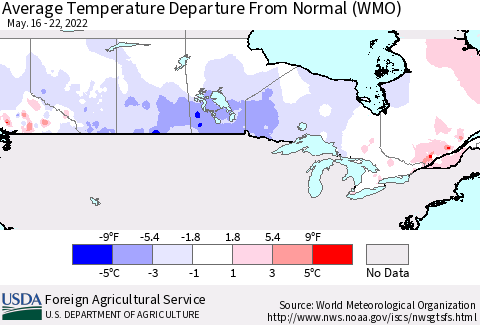 Canada Average Temperature Departure from Normal (WMO) Thematic Map For 5/16/2022 - 5/22/2022