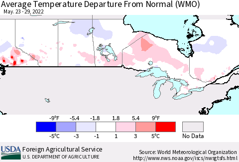 Canada Average Temperature Departure from Normal (WMO) Thematic Map For 5/23/2022 - 5/29/2022