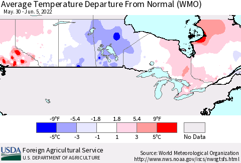 Canada Average Temperature Departure from Normal (WMO) Thematic Map For 5/30/2022 - 6/5/2022