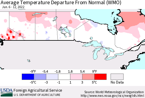 Canada Average Temperature Departure from Normal (WMO) Thematic Map For 6/6/2022 - 6/12/2022