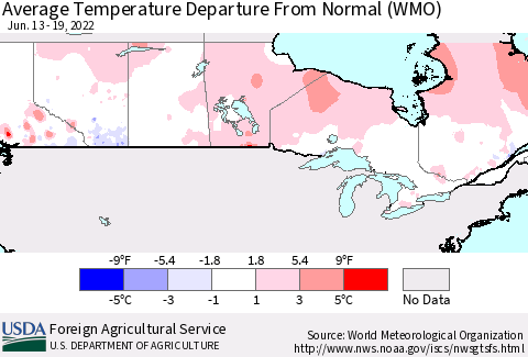 Canada Average Temperature Departure from Normal (WMO) Thematic Map For 6/13/2022 - 6/19/2022