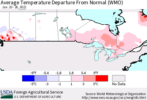 Canada Average Temperature Departure from Normal (WMO) Thematic Map For 6/20/2022 - 6/26/2022