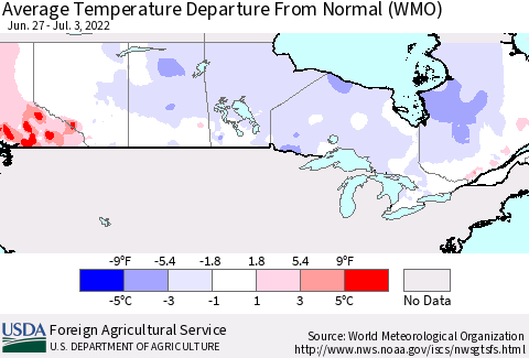 Canada Average Temperature Departure from Normal (WMO) Thematic Map For 6/27/2022 - 7/3/2022