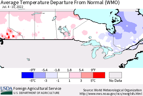 Canada Average Temperature Departure from Normal (WMO) Thematic Map For 7/4/2022 - 7/10/2022