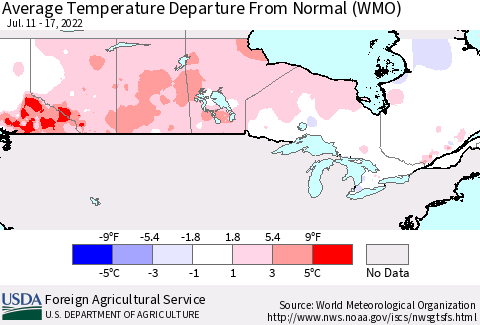 Canada Average Temperature Departure from Normal (WMO) Thematic Map For 7/11/2022 - 7/17/2022