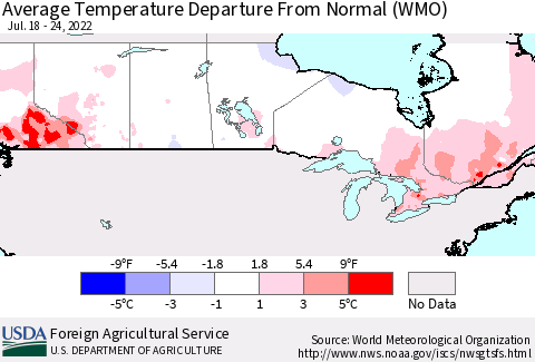 Canada Average Temperature Departure from Normal (WMO) Thematic Map For 7/18/2022 - 7/24/2022
