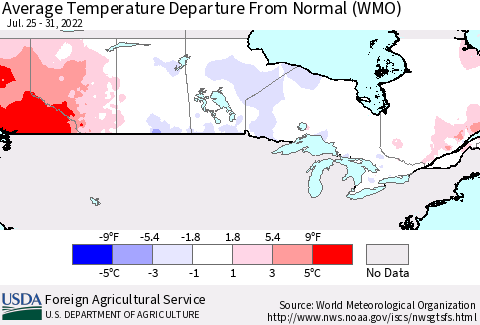 Canada Average Temperature Departure from Normal (WMO) Thematic Map For 7/25/2022 - 7/31/2022