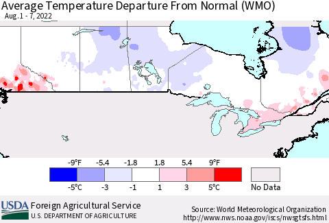 Canada Average Temperature Departure from Normal (WMO) Thematic Map For 8/1/2022 - 8/7/2022