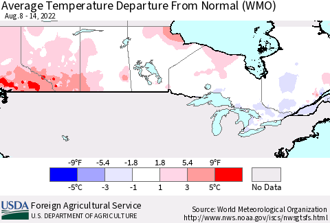 Canada Average Temperature Departure from Normal (WMO) Thematic Map For 8/8/2022 - 8/14/2022