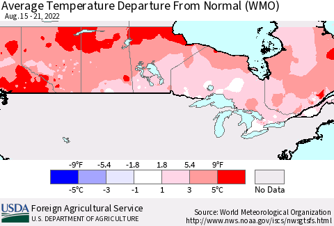 Canada Average Temperature Departure from Normal (WMO) Thematic Map For 8/15/2022 - 8/21/2022
